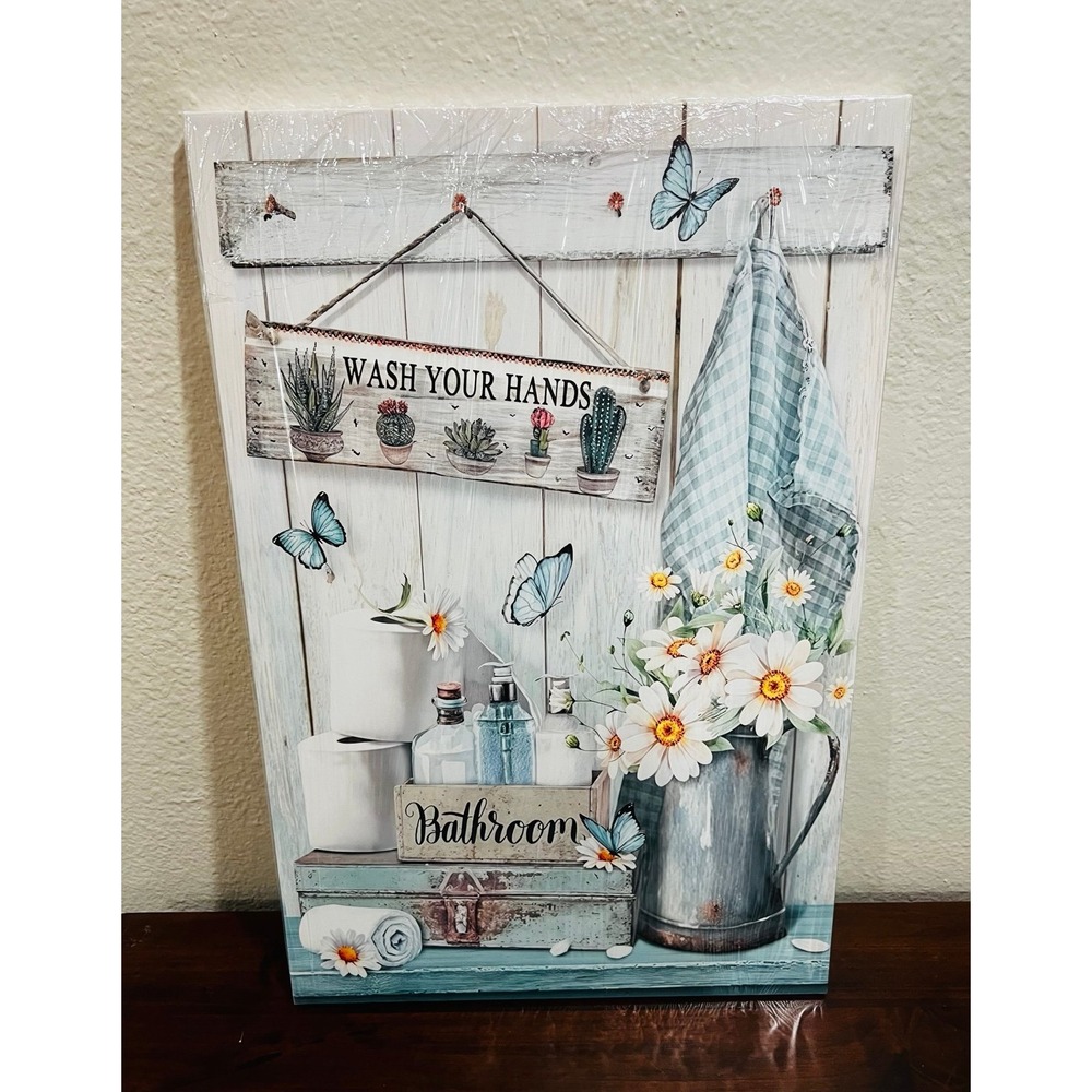 Asunygirl Bathroom Blue Wall Art Wash Your Hands Daisy Butterfly 16x24 Inch